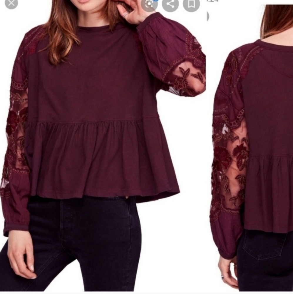 Free people penny embroidered t-shirt burgundy Oversized
